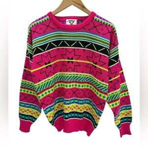 Vintage Tyrolia Wool Blend Sweater Neon Geometric Ski Retro 80s Apres Ski M